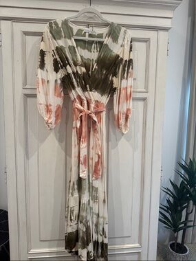 Young Fabulous & Broke Olive & Peach Tie-Dye Wrap Maxi Dress